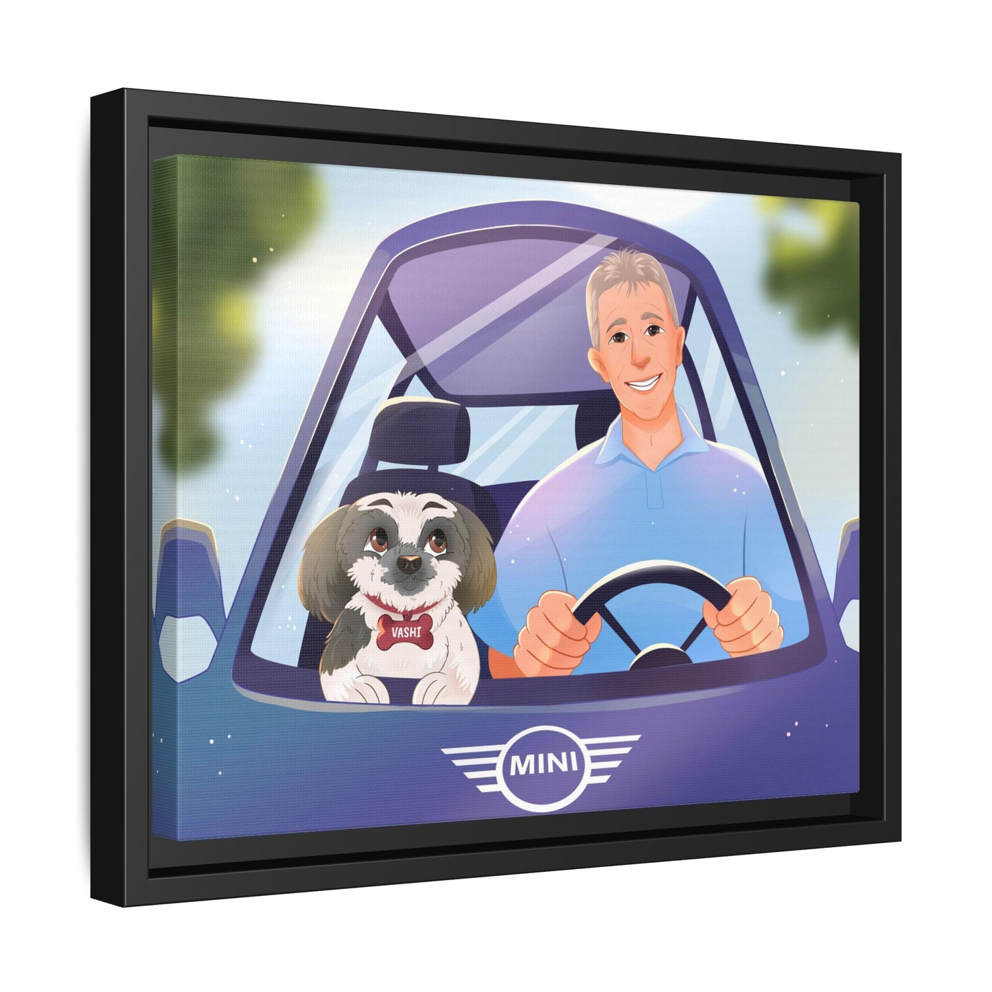 Illustration of a man driving a car with a dog in the passenger seat, featuring the Mini logo.