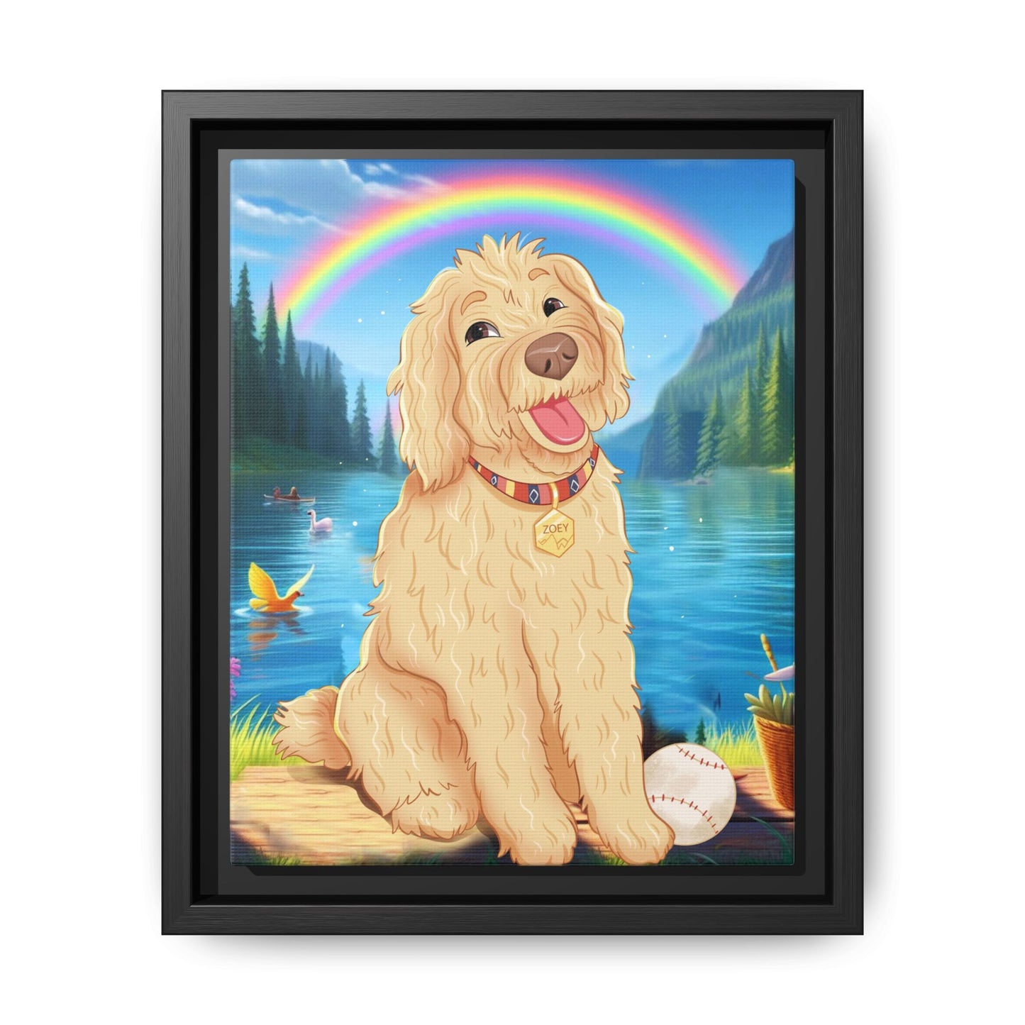 Framed artwork of a dog sitting by a lake with a rainbow in the background